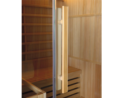 Sauna avec porte en verre et poignée en bois