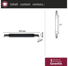 Schéma technique d'un connecteur d'armoire avec dimensions et garantie de 5 ans