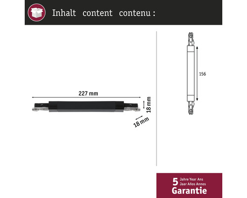 Schéma technique d'un connecteur d'armoire avec dimensions et garantie de 5 ans