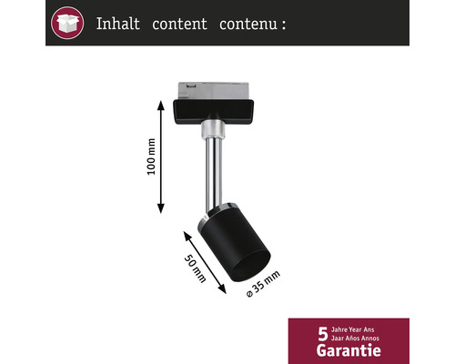 Projecteur sur rail avec les dimensions 100 mm, 50 mm et 35 mm en détail.