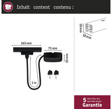 Contenu du produit avec indications de dimensions et garantie de cinq ans