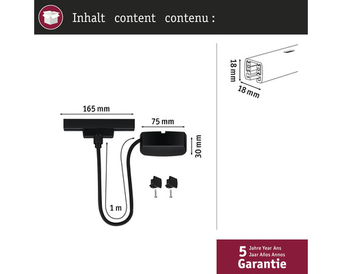 Contenu du produit avec indications de dimensions et garantie de cinq ans