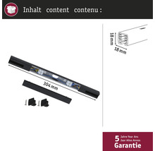 Vue intérieure d'une lampe LED de 304 millimètres de long avec accessoires et dimensions, garantie 5 ans incluse