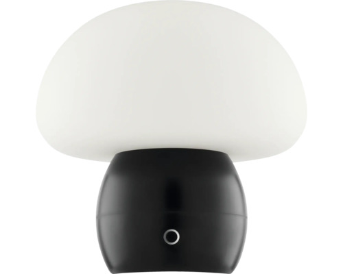 Pilzförmige Tischleuchte mit weißem Lampenschirm und schwarzem Fuß