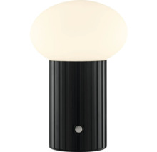 Schwarze Tischleuchte mit geripptem Lampenfuss und weissem, kugelförmigem Lampenschirm