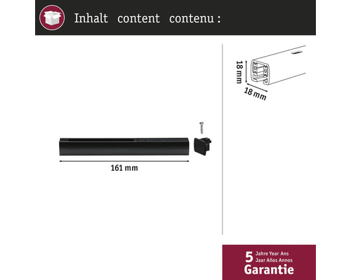 Contenu de l'emballage : Un rail de guidage de 161 millimètres de long, une vis et un embout de 18 sur 18 millimètres. Garantie de cinq ans.