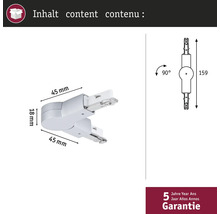 Abbildung eines Stromschienenverbinders mit Maßangaben und Garantiehinweis