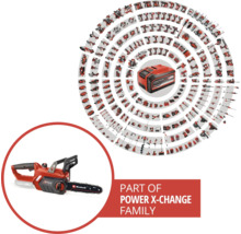 Famille de batteries Einhell Power X-Change avec tronçonneuse et batterie