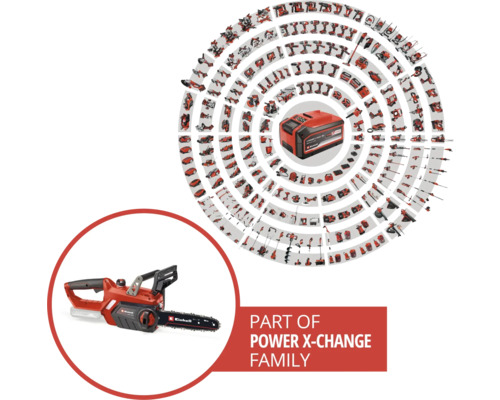 Famille de batteries Einhell Power X-Change avec tronçonneuse et batterie