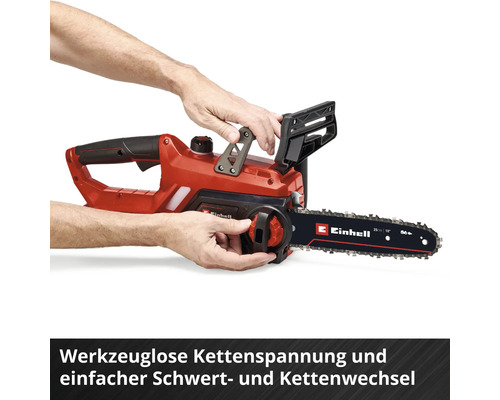 Tronçonneuse Einhell avec tension de chaîne sans outil et changement facile de l'épée et de la chaîne en main