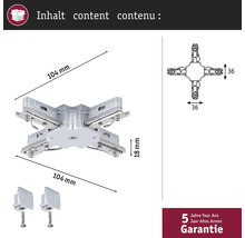 Image d'une pièce de raccordement argentée mesurant 104 mm x 104 mm et d'une hauteur de 18 mm, comprenant deux pinces et une garantie de cinq ans.