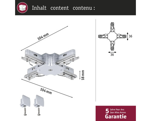Image d'une pièce de raccordement argentée mesurant 104 mm x 104 mm et d'une hauteur de 18 mm, comprenant deux pinces et une garantie de cinq ans.