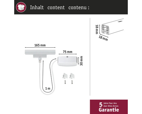 Contenu de l'emballage : moteur de store avec accessoires et dimensions