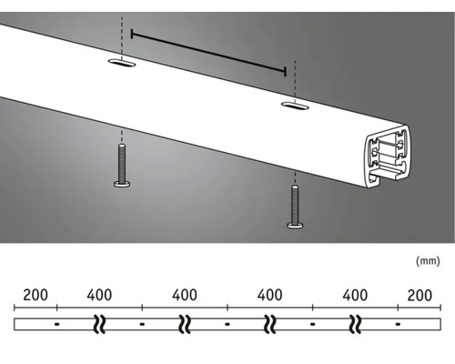Illustration einer Befestigungsschiene mit Schrauben und Massangaben in Millimetern
