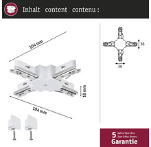 Darstellung eines Schienenverbinders mit den Maßen 104 mm x 104 mm x 18 mm, inklusive zwei Befestigungen und einer fünfjährigen Garantie