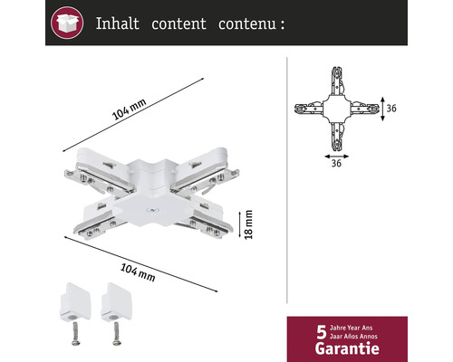 Darstellung eines Schienenverbinders mit den Maßen 104 mm x 104 mm x 18 mm, inklusive zwei Befestigungen und einer fünfjährigen Garantie