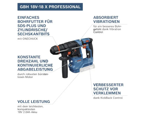 Bosch GBH 18V-18 X Professional Akku-Bohrhammer mit SDS-Plus Bohrfutter