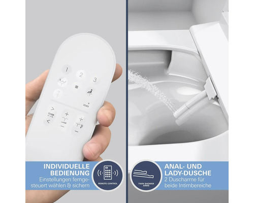 Gros plan de toilettes avec fonction bidet et d'une télécommande pour contrôler les fonctions de douche