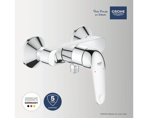Mitigeur de douche apparent en chrome avec logo Grohe et sceau de garantie