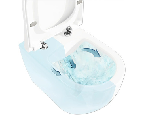 Gros plan de toilettes blanches avec couvercle ouvert et fonction de chasse d'eau représentée par des flèches