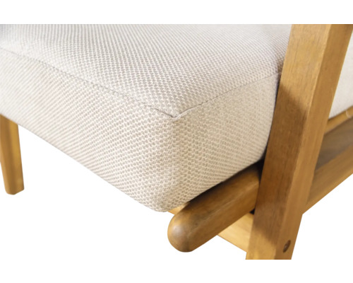 Detailaufnahme eines Stuhls mit Holzrahmen und gepolstertem Sitz