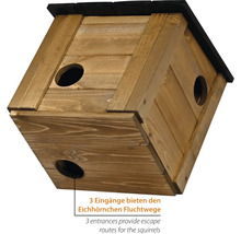 Quadratisches Eichhörnchenhaus aus Holz mit drei Eingängen