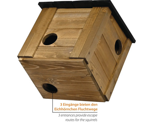 Quadratisches Eichhörnchenhaus aus Holz mit drei Eingängen