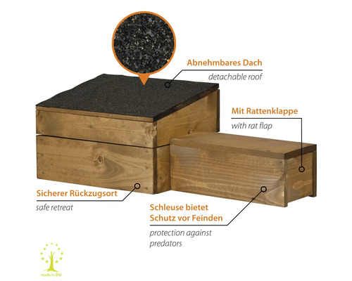 Igelhaus aus Holz mit abnehmbarem Dach und Rattenklappe