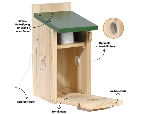 Solarbetriebenes Vogelhaus mit Frontklappe, Räuberschutz und stabiler Befestigung