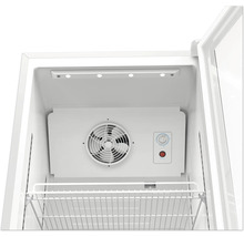 Innenansicht eines Gefrierschranks mit Ventilator und Temperaturregler
