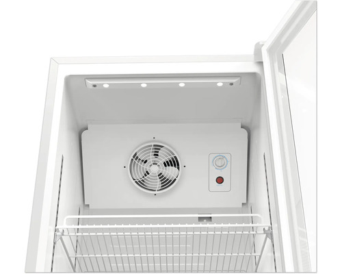 Innenansicht eines Gefrierschranks mit Ventilator und Temperaturregler