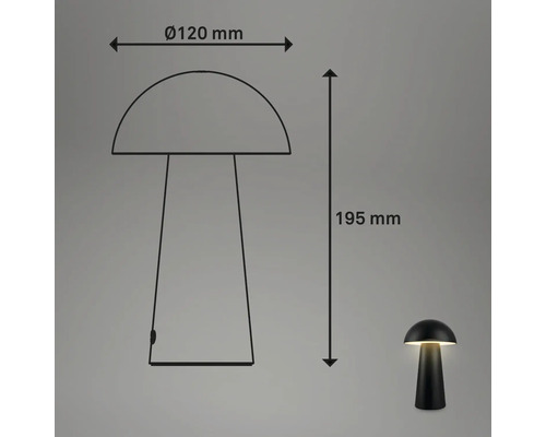 Skizze einer Tischleuchte mit den Maßen 120 mm Durchmesser und 195 mm Höhe