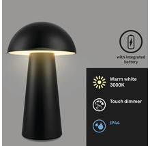 Schwarze Tischleuchte mit integriertem Akku, Touchdimmer und Schutzart IP44
