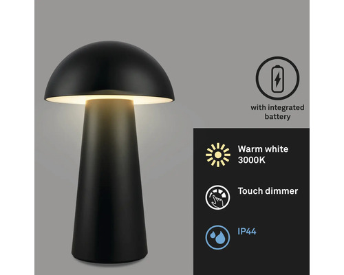 Schwarze Tischleuchte mit integriertem Akku, Touchdimmer und Schutzart IP44