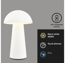 Pilzförmige Tischleuchte mit integriertem Akku, warmweissem Licht, Touchdimmer und IP44 Schutzart
