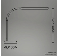Skizze einer Schreibtischleuchte mit den Maßen maximal 725 mm Höhe und 130 mm Durchmesser des Sockels