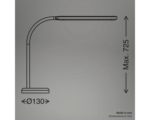 Skizze einer Schreibtischleuchte mit den Maßen maximal 725 mm Höhe und 130 mm Durchmesser des Sockels