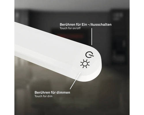 Nahaufnahme der Touch-Steuerung zum Ein-, Ausschalten und Dimmen einer Lampe.