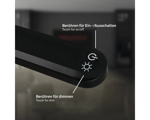 Nahaufnahme der Touch-Bedienelemente einer Lampe zum Ein- und Ausschalten sowie zum Dimmen.