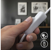 Hand betätigt einen Schalter an einem Elektrokabel. Symbol für Kabellänge von einem Meter. Symbol für Schalter.