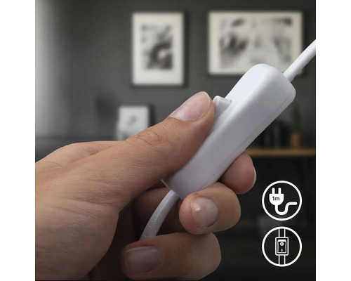 Hand betätigt einen Schalter an einem Elektrokabel. Symbol für Kabellänge von einem Meter. Symbol für Schalter.