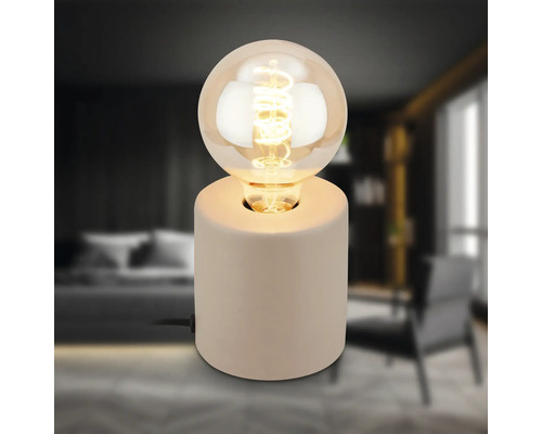 Tischleuchte mit zylindrischem Sockel und runder Glühbirne