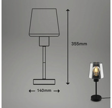 Dekorative Tischleuchte mit Maßangaben 355 mm Höhe und 140 mm Basisbreite.