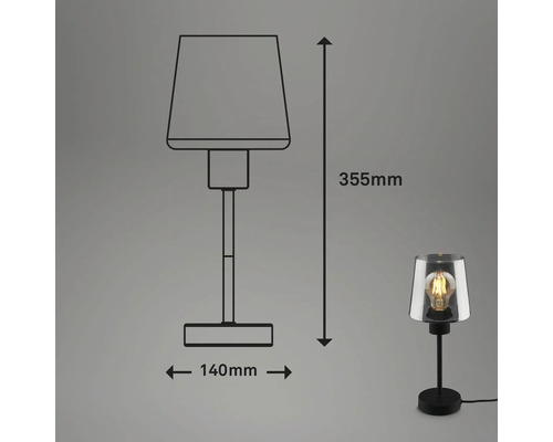 Dekorative Tischleuchte mit Maßangaben 355 mm Höhe und 140 mm Basisbreite.
