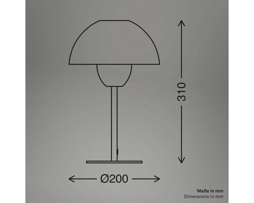 Skizze einer Tischleuchte mit den Maßen 310 mm Höhe und 200 mm Durchmesser