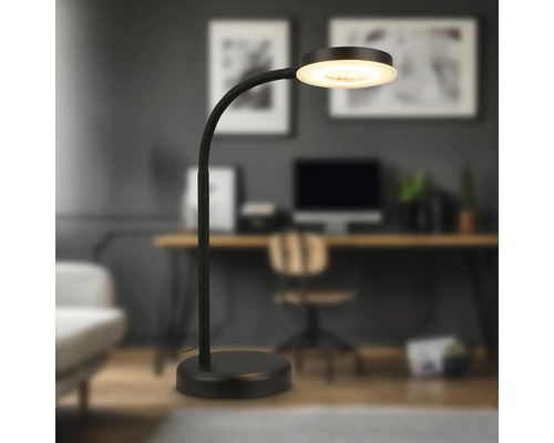 Schwarze Stehlampe mit runder Leuchte in einem Arbeitszimmer