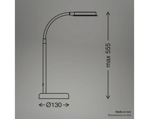 Technische Zeichnung einer Stehleuchte mit den Maßen maximal 555 mm Höhe und 130 mm Durchmesser