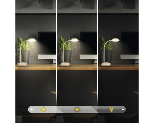 Tischleuchte mit unterschiedlichen Helligkeitsstufen auf einem Schreibtisch