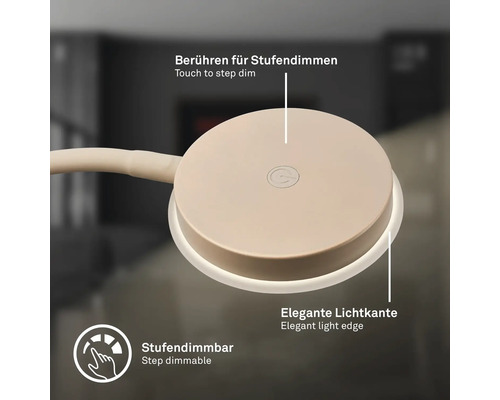 Nahaufnahme einer stufenlos dimmbaren Lampe mit Touchfunktion