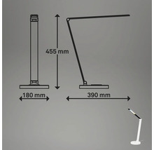 Technische Zeichnung einer Schreibtischleuchte mit Abmessungen.